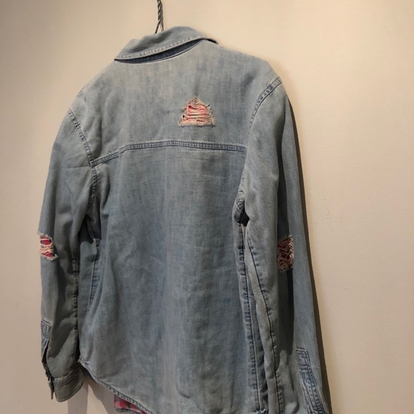 Plaid Lined Denim Boyfriend Shirt - Picture 6 of 7